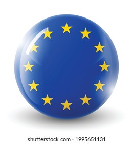 Glass light ball with European Union flag. Round sphere, template icon. EU national symbol. Glossy realistic ball, 3D abstract vector illustration highlighted on a white background. Big bubble.