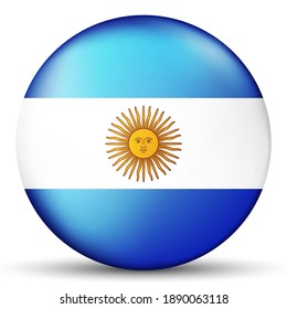 Glass light ball with flag of Argentina. Round sphere, template icon. Argentinian National symbol. Glossy realistic ball, 3D abstract vector illustration highlighted on a white background. Big bubble.