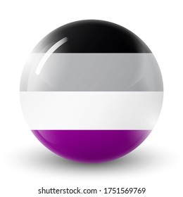 Glass light ball with flag of Asexual. Round sphere, template icon. Glossy realistic ball, 3D abstract vector illustration. Love wins. Asexual logo symbol sticker in rainbow colors. Pride collection.