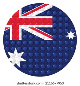 Glass light ball with flag of Australia. Round sphere, template icon. Australian national symbol. Glossy ball, 3D vector illustration. Trendy antistress game pop it, simple dimple. Big bubble.