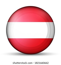 Glass light ball with flag of Austria. Round sphere, template icon. Austrian national symbol. Glossy realistic ball, 3D abstract vector illustration highlighted on a white background. Big bubble.