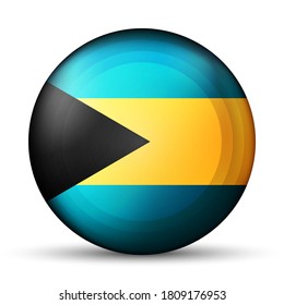 Glass light ball with flag of Bahamas. Round sphere, template icon. National symbol. Glossy realistic ball, 3D abstract vector illustration highlighted on a white background. Big bubble.