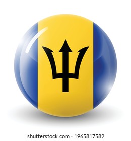 Glass light ball with flag of Barbados. Round sphere, template icon. National symbol. Glossy realistic ball, 3D abstract vector illustration highlighted on a white background. Big bubble.