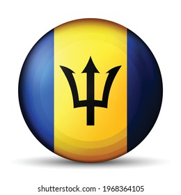 Glass light ball with flag of Barbados. Round sphere, template icon. National symbol. Glossy realistic ball, 3D abstract vector illustration highlighted on a white background. Big bubble.