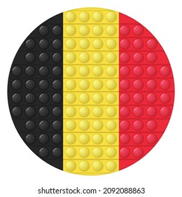 Glass light ball with flag of Belgium. Round sphere, template icon. Belgian national symbol. Glossy realistic ball, 3D vector illustration. Trendy antistress game pop it, simple dimple. Big bubble.