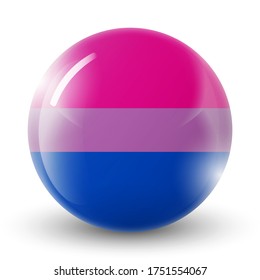 Bola de luz de cristal con bandera de Bisexual. Esfera redonda, icono de plantilla. Balón brillante realista, ilustración vectorial abstracta 3D. El amor gana. Etiqueta del símbolo del logo en colores arcoiris. Colección de orgullo.