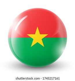 Glass light ball with flag of Burkina Faso. Round sphere, template icon. National symbol. Glossy realistic ball, 3D abstract vector illustration highlighted on a white background. Big bubble.