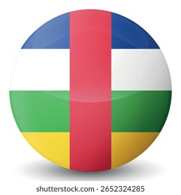 Bola de vidro com bandeira da República Centro-Africana. Esfera redonda, ícone de modelo. Símbolo nacional CAR. Bola brilhante, ilustração vetorial abstrata 3D destacada em um fundo branco. Grande bolha.