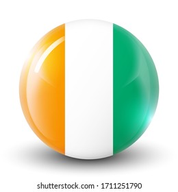 Glass light ball with flag of Cote d’Ivoire. Round sphere, template icon. National symbol. Glossy realistic ball, 3D abstract vector illustration highlighted on a white background. Big bubble. 