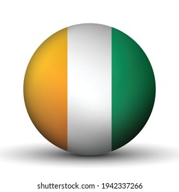 Glass light ball with flag of Cote d’Ivoire. Round sphere, template icon. National symbol. Glossy realistic ball, 3D abstract vector illustration highlighted on a white background. Big bubble.