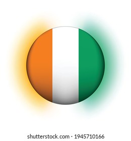 Glass light ball with flag of Cote d’Ivoire. Round sphere, template icon. National symbol. Glossy realistic ball, 3D abstract vector illustration highlighted on a white background. Big bubble.