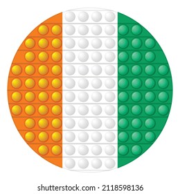 Glass light ball with flag of Cote d’Ivoire. Round sphere, template icon. National symbol. Glossy realistic ball, 3D vector illustration. Trendy antistress game pop it, simple dimple. Big bubble.