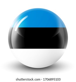 Glass light ball with flag of Estonia. Round sphere, template icon. Estonian national symbol. Glossy realistic ball, 3D abstract vector illustration highlighted on a white background. Big bubble. 
