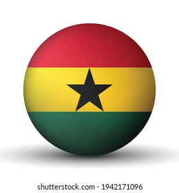 Glass light ball with flag of Ghana. Round sphere, template icon. Ghanaian national symbol. Glossy realistic ball, 3D abstract vector illustration highlighted on a white background. Big bubble.