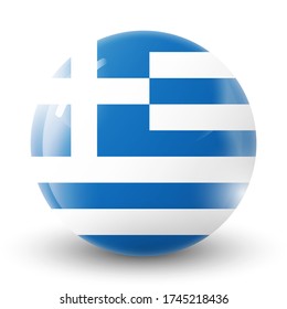 Glass light ball with flag of Greece. Round sphere, template icon. Greek national symbol. Glossy realistic ball, 3D abstract vector illustration highlighted on a white background. Big bubble.