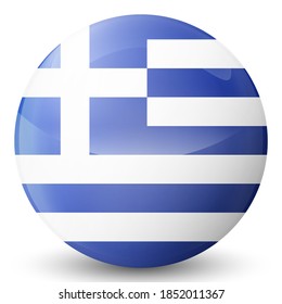 Glass light ball with flag of Greece. Round sphere, template icon. Greek national symbol. Glossy realistic ball, 3D abstract vector illustration highlighted on a white background. Big bubble.