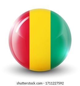 Balón de vidrio con bandera de la esfera redonda de Guinea, icono de plantilla. Símbolo nacional guineano. Balón realista brillante, ilustración vectorial abstracta 3D resaltada en un fondo blanco. Gran burbuja. 