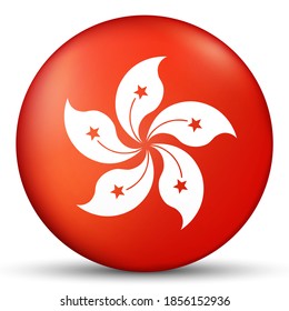 Glass light ball with flag of Hong Kong. Round sphere, template icon. National symbol. Glossy realistic ball, 3D abstract vector illustration highlighted on a white background. Big bubble.