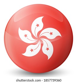 Glass light ball with flag of Hong Kong. Round sphere, template icon. National symbol. Glossy realistic ball, 3D abstract vector illustration highlighted on a white background. Big bubble.