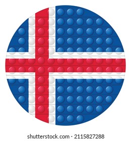 Glass light ball with flag of Iceland. Round sphere, template icon. Icelandic National symbol. Glossy realistic ball, 3D vector illustration. Trendy antistress game pop it, simple dimple. Big bubble.