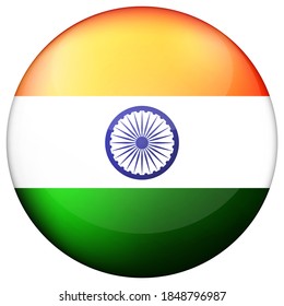 Balón de vidrio con bandera de India. Esfera redonda, icono de plantilla. Símbolo nacional indio. Balón brillante realista, ilustración vectorial abstracta 3D resaltada sobre un fondo blanco. Gran burbuja.