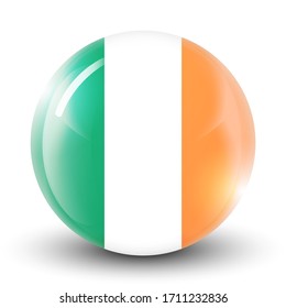 Glass light ball with flag of Ireland. Round sphere, template icon. Irish national symbol. Glossy realistic ball, 3D abstract vector illustration highlighted on a white background. Big bubble. 