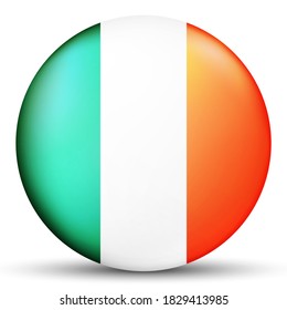 Glass light ball with flag of Ireland. Round sphere, template icon. Irish national symbol. Glossy realistic ball, 3D abstract vector illustration highlighted on a white background. Big bubble.