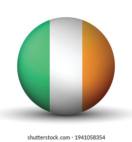 Glass light ball with flag of Ireland. Round sphere, template icon. Irish national symbol. Glossy realistic ball, 3D abstract vector illustration highlighted on a white background. Big bubble.