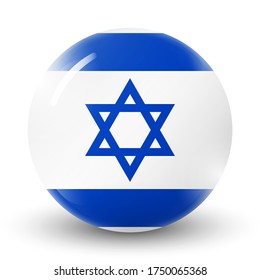 Glass light ball with flag of Israel. Round sphere, template icon. Israeli national symbol. Glossy realistic ball. 3D abstract vector illustration highlighted on a white background. Big bubble.