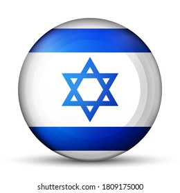 Glass light ball with flag of Israel. Round sphere, template icon. Israeli national symbol. Glossy realistic ball. 3D abstract vector illustration on a white background. Big bubble.