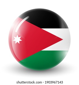 Glass light ball with flag of Jordan. Round sphere, template icon. Тational symbol. Glossy realistic ball, 3D abstract vector illustration highlighted on a white background. Big bubble.