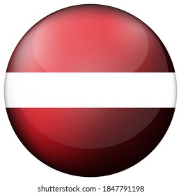 Glass light ball with flag of Latvia. Round sphere, template icon. Latvian national symbol. Glossy realistic ball, 3D abstract vector illustration highlighted on a white background. Big bubble.