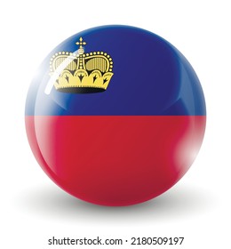 Glass light ball with flag of Liechtenstein. Round sphere, template icon. National symbol. Glossy realistic ball, 3D abstract vector illustration highlighted on a white background. Big bubble.