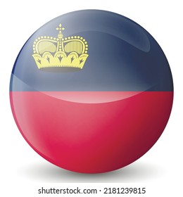 Glass light ball with flag of Liechtenstein. Round sphere, template icon. National symbol. Glossy realistic ball, 3D abstract vector illustration highlighted on a white background. Big bubble.