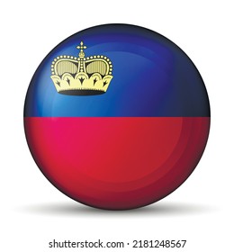 Glass light ball with flag of Liechtenstein. Round sphere, template icon. National symbol. Glossy realistic ball, 3D abstract vector illustration highlighted on a white background. Big bubble.