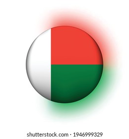 Glass light ball with flag of Madagascar. Round sphere, template icon. National symbol. Glossy realistic ball, 3D abstract vector illustration highlighted on a white background. Big bubble.
