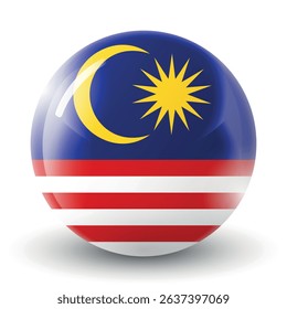Glass light ball with flag of Malaysia. Round sphere, template icon. Malaysian islands national symbol. Glossy realistic ball, 3D abstract vector illustration. Big bubble.