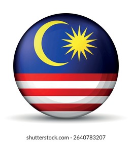 Glass light ball with flag of Malaysia. Round sphere, template icon. Malaysian islands national symbol. Glossy realistic ball, 3D abstract vector illustration. Big bubble.
