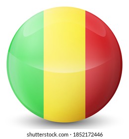 Glass light ball with flag of Mali. Round sphere, template icon. National symbol. Glossy realistic ball, 3D abstract vector illustration highlighted on a white background. Big bubble.