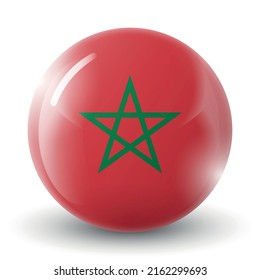 Glass light ball with flag of Morocco. Round sphere, template icon. Moroccan national symbol. Glossy realistic ball, 3D abstract vector illustration highlighted on a white background. Big bubble.