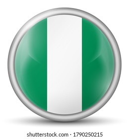 Glass light ball with flag of Nigeria. Round sphere, template icon. Nigerian national symbol. Glossy realistic ball, 3D abstract vector illustration highlighted on a white background. Big bubble.
