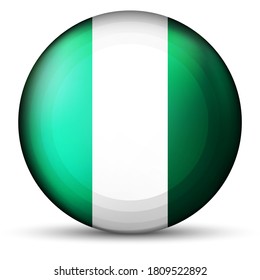 Glass light ball with flag of Nigeria. Round sphere, template icon. Nigerian national symbol. Glossy realistic ball, 3D abstract vector illustration highlighted on a white background. Big bubble.