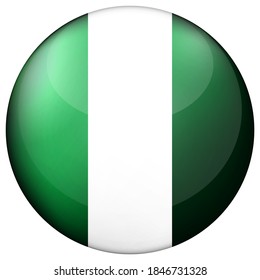 Glass light ball with flag of Nigeria. Round sphere, template icon. Nigerian national symbol. Glossy realistic ball, 3D abstract vector illustration highlighted on a white background. Big bubble.