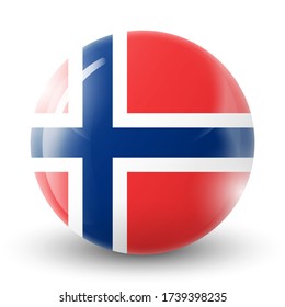 Bola de vidrio con bandera de Noruega. Esfera redonda, icono de plantilla. Símbolo nacional noruego. Balón brillante realista, ilustración vectorial abstracta 3D resaltada sobre un fondo blanco. Gran burbuja. 