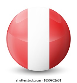 Balón de vidrio con bandera del Perú. Esfera redonda, icono de plantilla. Símbolo nacional peruano. Balón brillante realista, ilustración vectorial abstracta 3D resaltada sobre un fondo blanco. Gran burbuja.