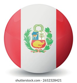 Bola de vidro com bandeira do Peru. Esfera redonda, ícone de modelo. Símbolo nacional das ilhas peruanas. Bola realista brilhante, ilustração vetorial abstrata 3D. Grande bolha.