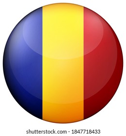 Glass light ball with flag of Romania. Round sphere, template icon. Romanian national symbol. Glossy realistic ball, 3D abstract vector illustration highlighted on a white background. Big bubble.