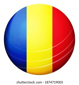 Glass light ball with flag of Romania. Round sphere, template icon. Romanian national symbol. Glossy realistic ball, 3D abstract vector illustration highlighted on a white background. Big bubble.