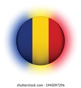 Glass light ball with flag of Romania. Round sphere, template icon. Romanian national symbol. Glossy realistic ball, 3D abstract vector illustration highlighted on a white background. Big bubble.