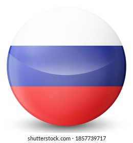 Glass light ball with flag of Russia. Round sphere, template icon. Russian national symbol. Glossy realistic ball, 3D abstract vector illustration highlighted on a white background. Big bubble.